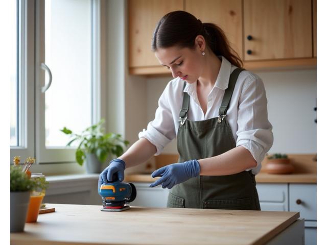 Person using tools confidently renovating an apartment kitchen counter with a modern design